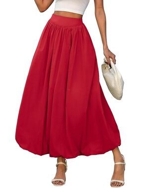 Elleven Women's Rose Red Elastic Waist Puffy Hem A-Line Bubble Maxi Skirts